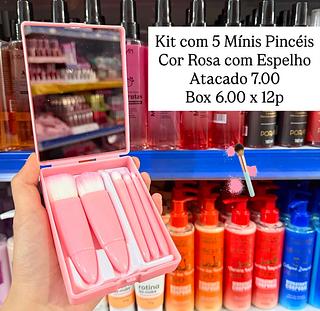 Kit com 5 Mínis Pincéis Cor Rosa com Espelho