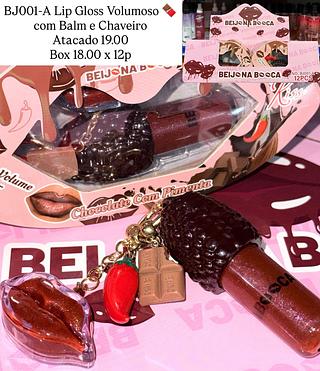 Lip Gloss Vloumoso Chocolate com Balm e Chaveiro Beijona Booca