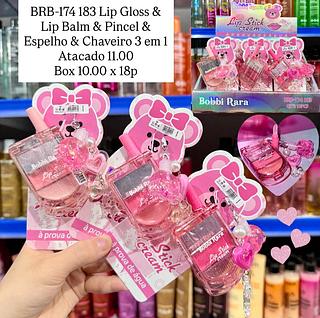 Lip Gloss & Lip Balm & Pincel & Espelho com Chaveiro 3 em 1